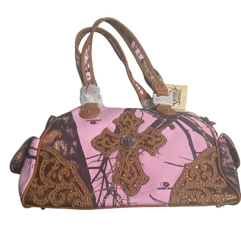 MOSSY OAK Women’s Concealed Carry Cross Stud Handbag Pink Brown 15X5X8.5 NEW - Image 1