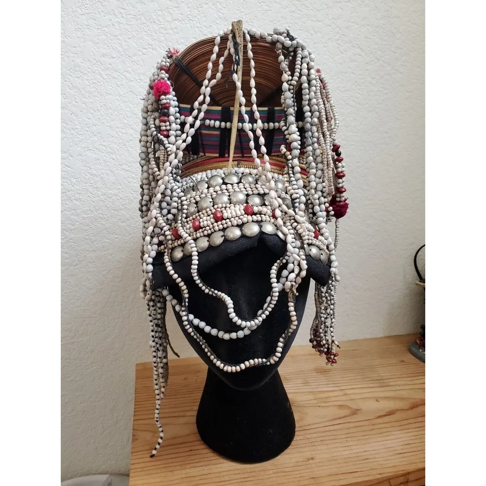 VTG Tribal Headdress Traditional Thai Ulo Akha Hill Beads Shells Yarn Hand Made - Image 16