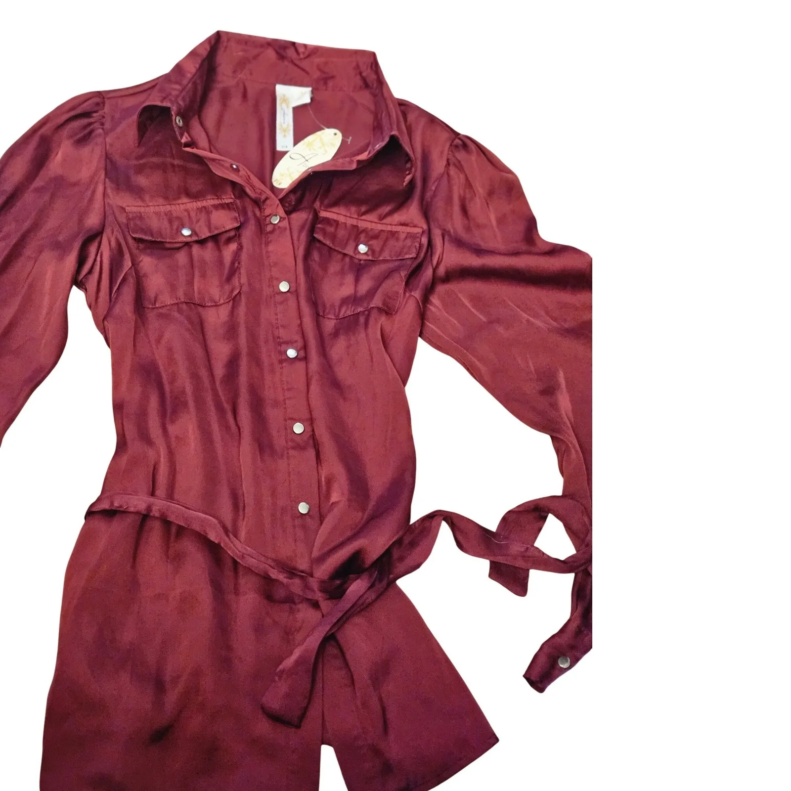 ADIVA Burgundy Satin Button Down Shirt Dress With Belt Size M Red Size M - Image 2
