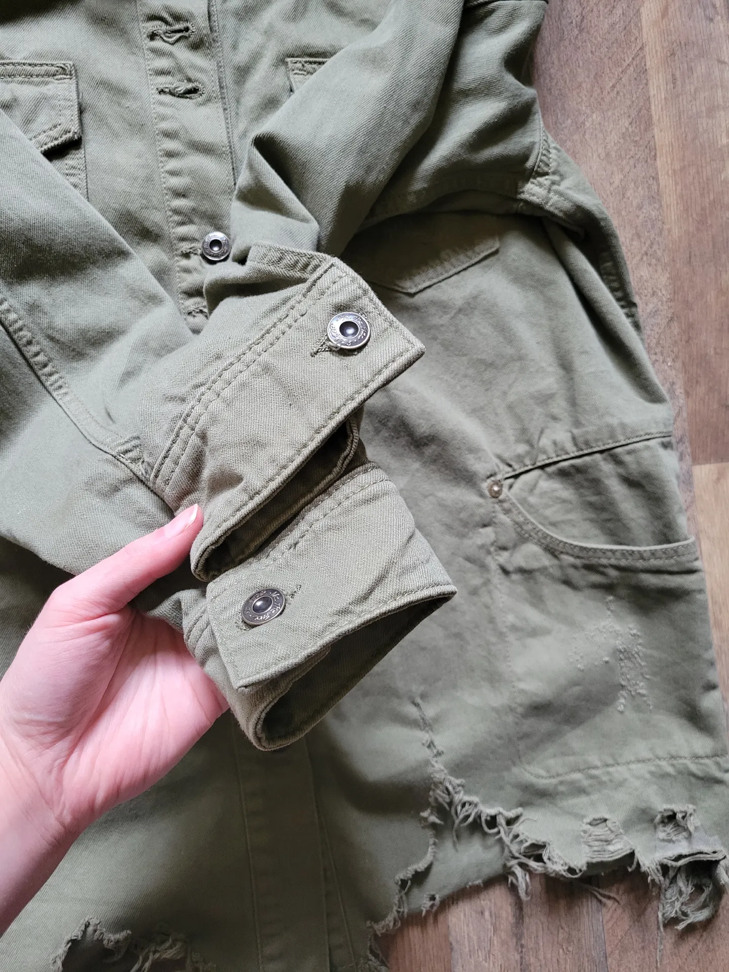Moonchild Distressed Denim Jacket Olive Size Small - Image 4