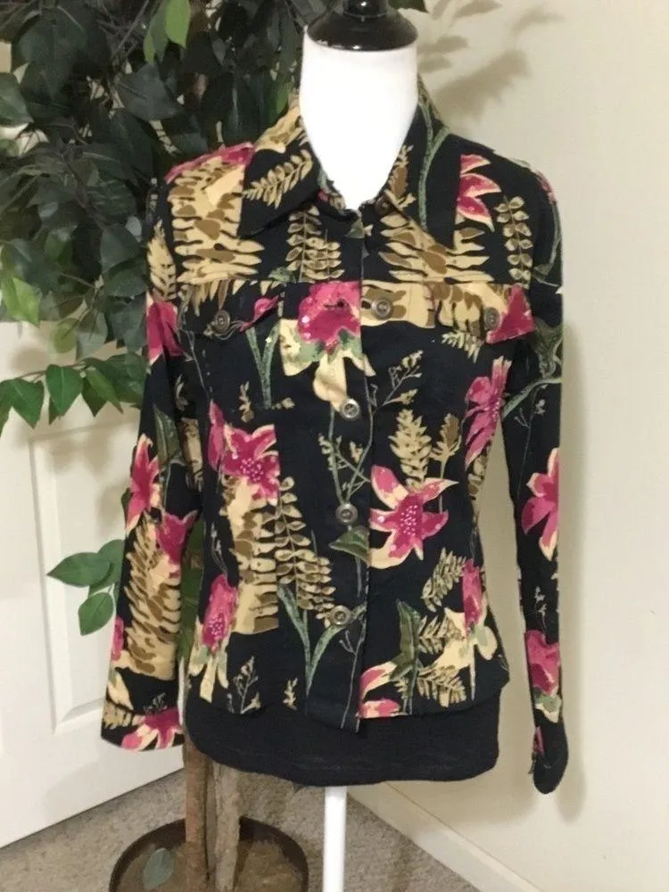 New Identity Black Burgundy Tan Tropical Floral Tailored Stretchy Jack… Size M - Image 2