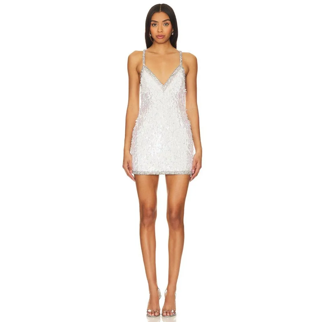 retrofete Ivana Sequin Rhinestone Mini Dress White & Silver Womens Size XS - Image 8