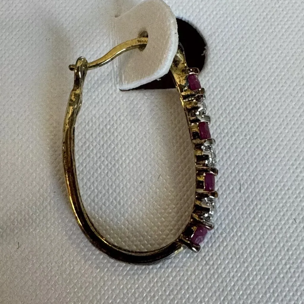 18k Gold Over .925 Sterling Silver Genuine Ruby & Diamond Accent Hoop Earrings Red - Image 5