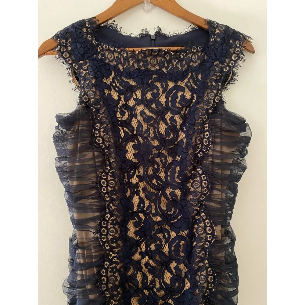 Tadashi Shoji 6 Navy Blue Lace Overlay Ruched Short Knee Length Dress EUC Formal - Image 3