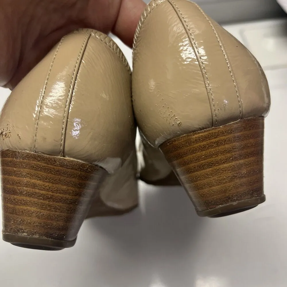 Cole Haan Open Toe Wedge Patent Leather Shoes | 8B Tan Neutral Peep Toe - Image 8