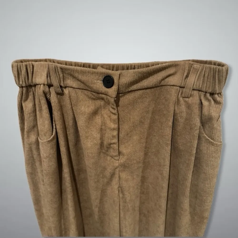Baggy Trouser Corduroy Pants Elastic Waist Cropped Polyester Brown Women’s US L - Image 2