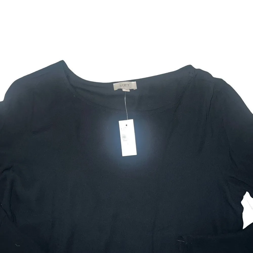 NWT Loft Women's Long Sleeve Scoop Neck Peplum Black Loose Sheer Blouse Sz Large - Image 2
