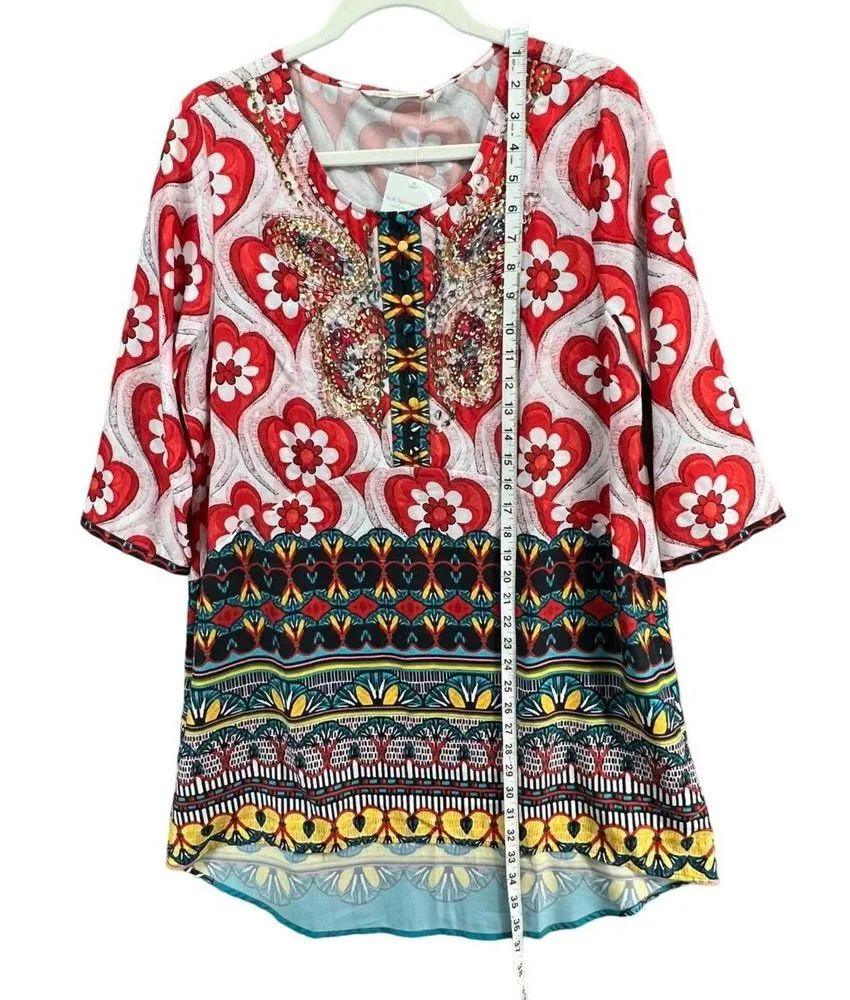Soft Surroundings Seychelles TunicTop Womens M Red White Beaded Sequin Boho Art - Image 7