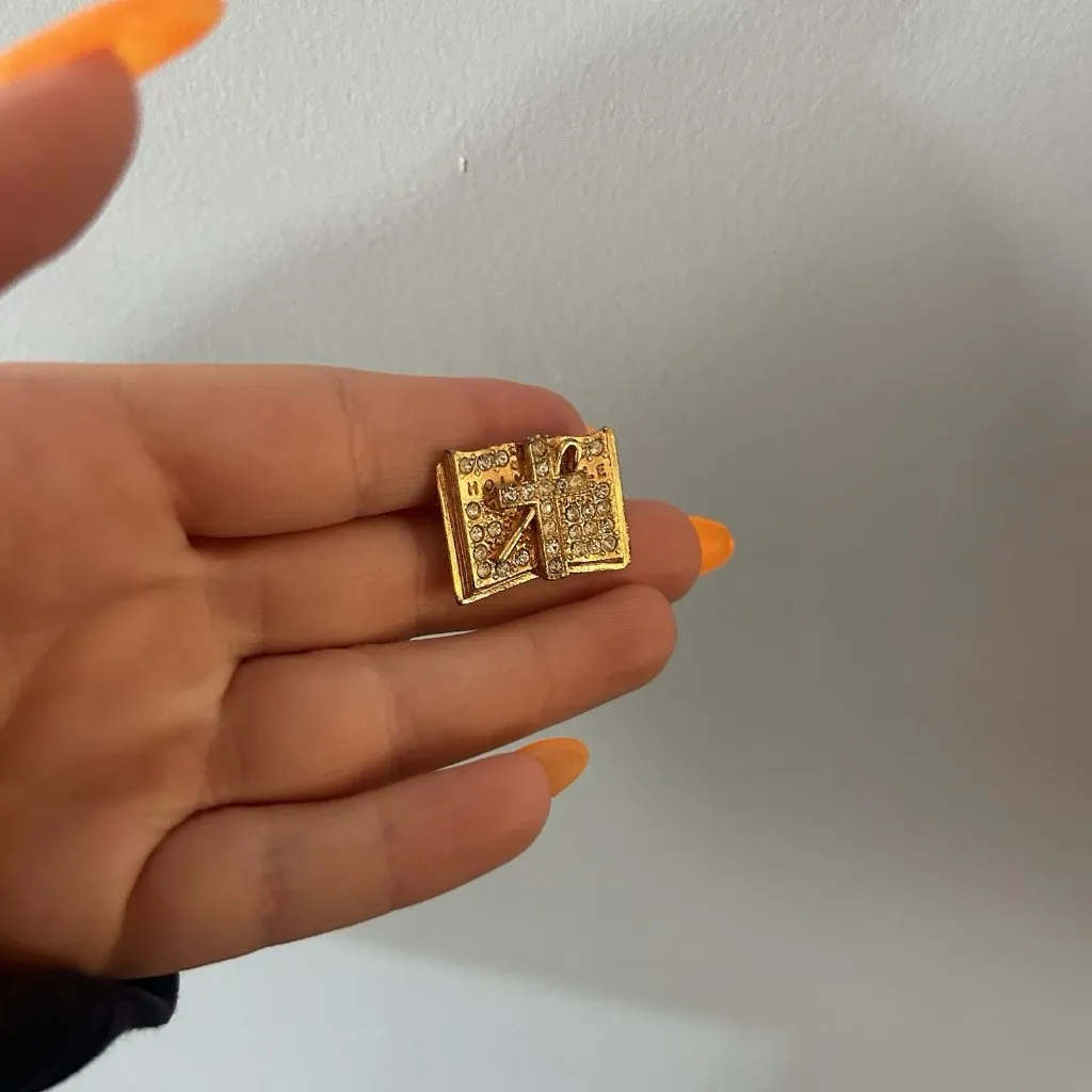 Vintage Holy Bible Rhinestone Jewel Open Book Religious Brooch Signed RA Gold - Image 2