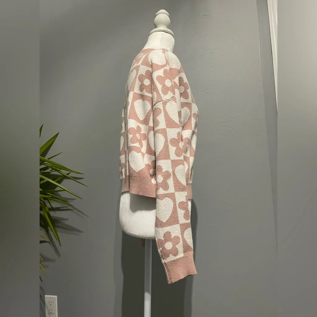 Debut Pink and White Heart Flower Checkered Knit Sweater - Image 2