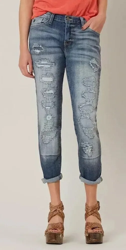 Kancan Women’s Distressed Low Rise Boyfriend Stretch Cropped Jean Size 27 Blue - Image 1