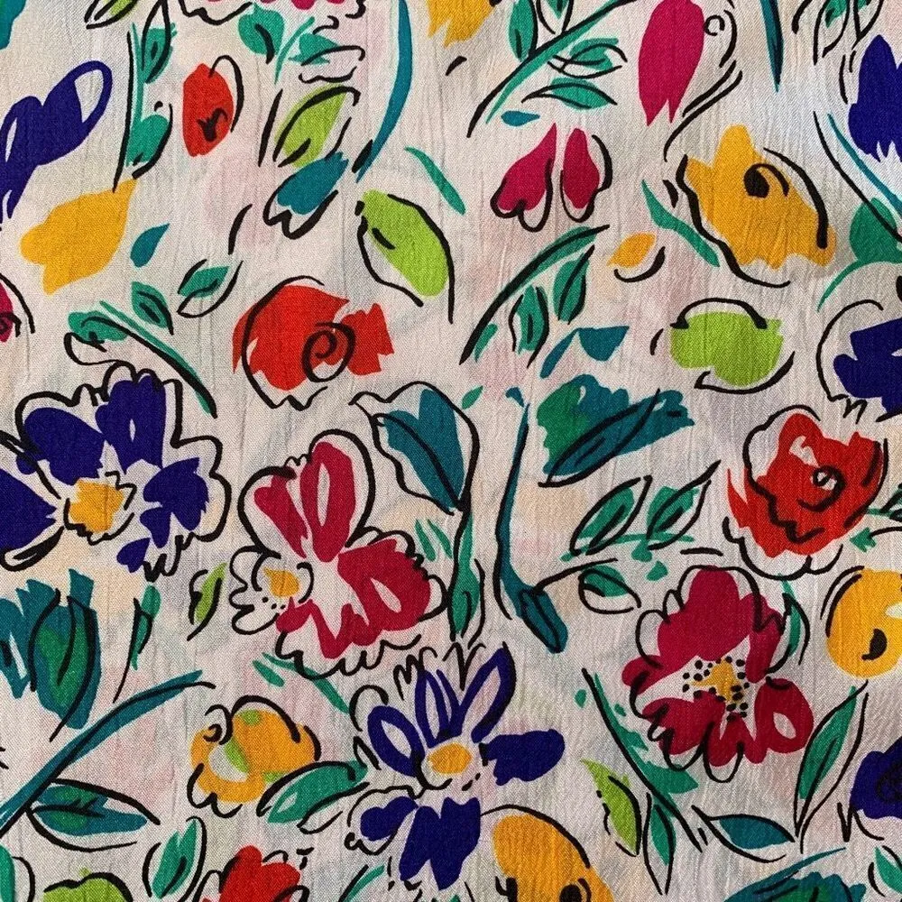 Vintage Notations Petite Shirt White Multicolored Lime Green Flower Button Up Size 12P - Image 8