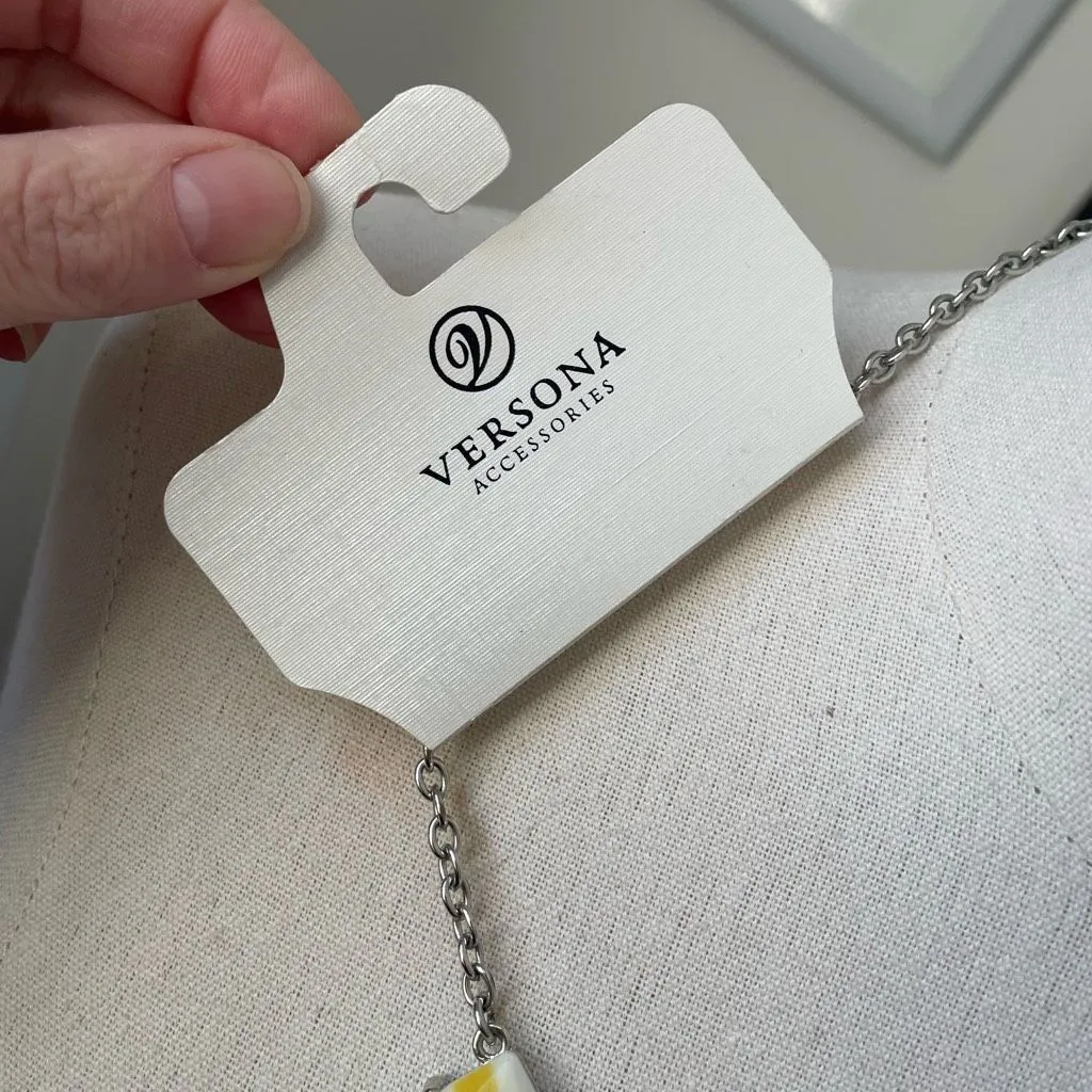 NWT Versona White Yellow Stripe Cabochon Silver Tone Adj Necklace - Image 4