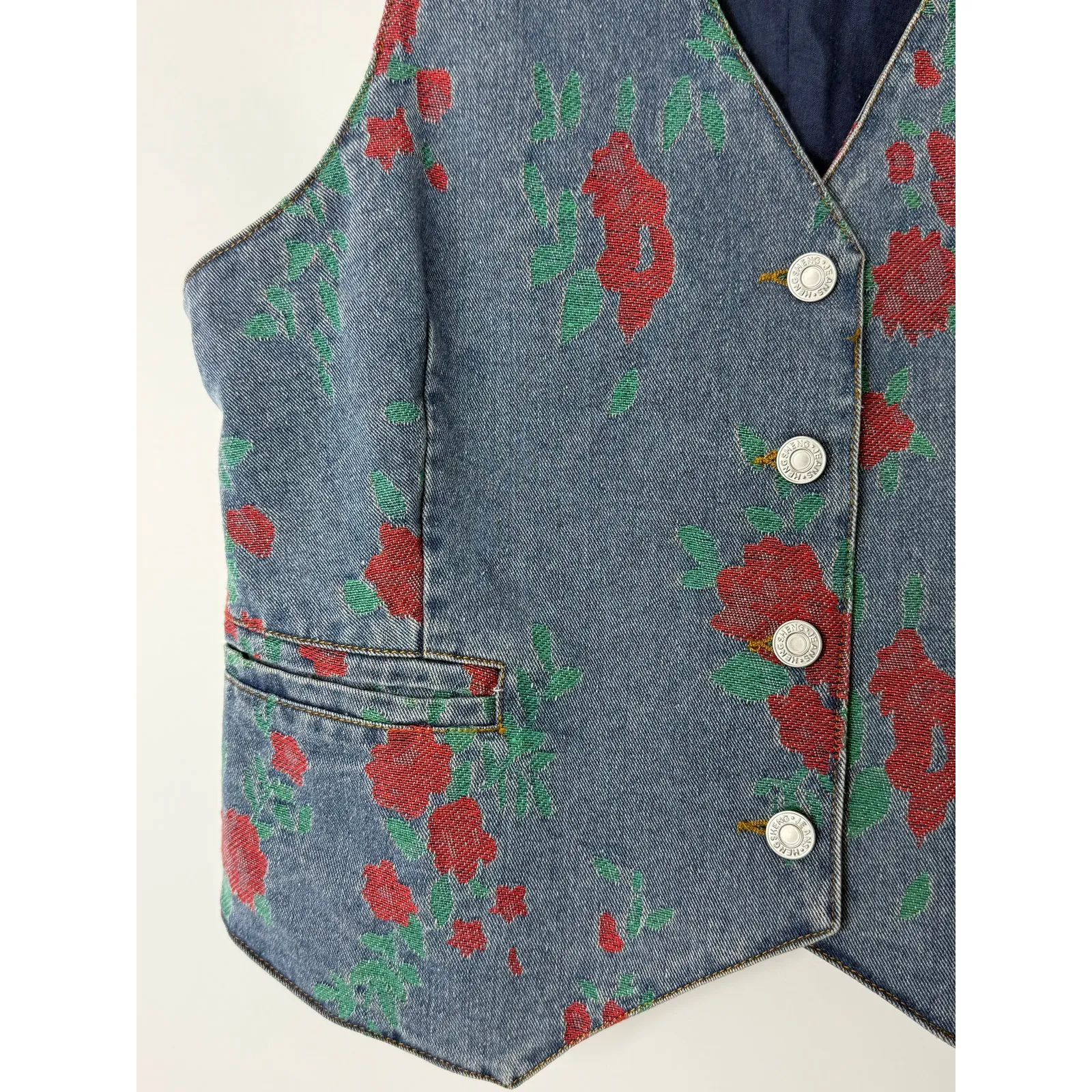 Wisteria Lane Floral Denim Vest Western Rose Print Button Front L Cowgirl Rodeo Blue Size L - Image 4