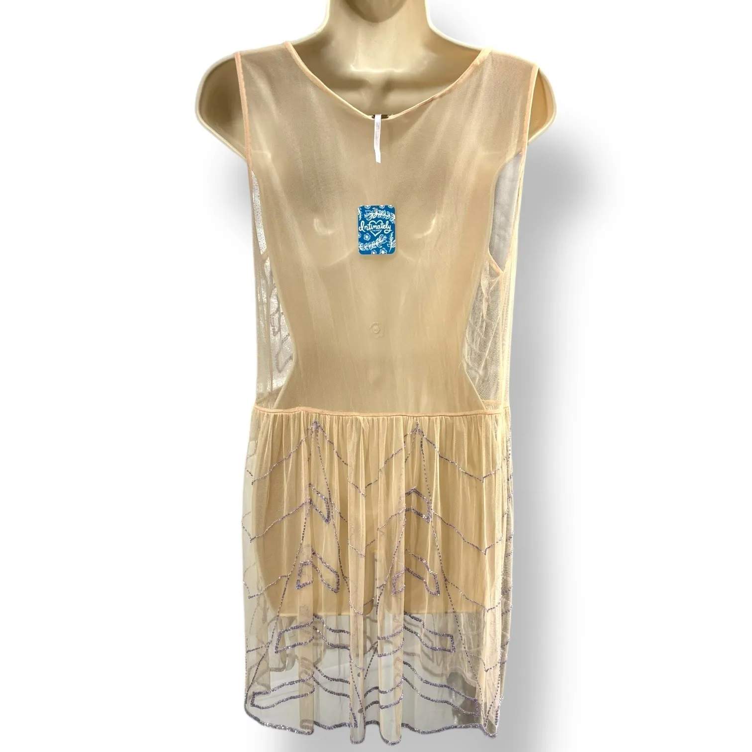 Free People NWT Sheer Peach Beaded Mesh Slip Dress Purple Chevron M - Image 2