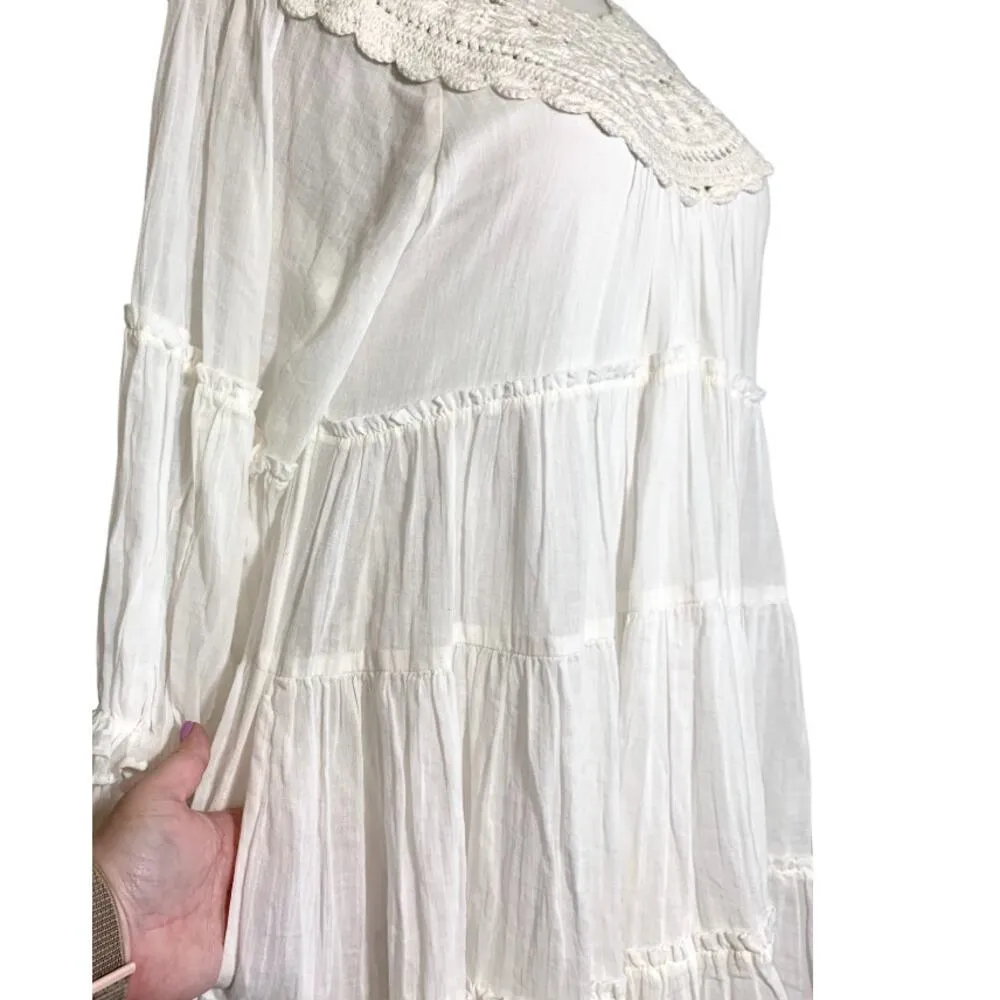 Free People Crochet Boat Neck Long Sleeve Tiered Flowy Boho Dress White Small - Image 7
