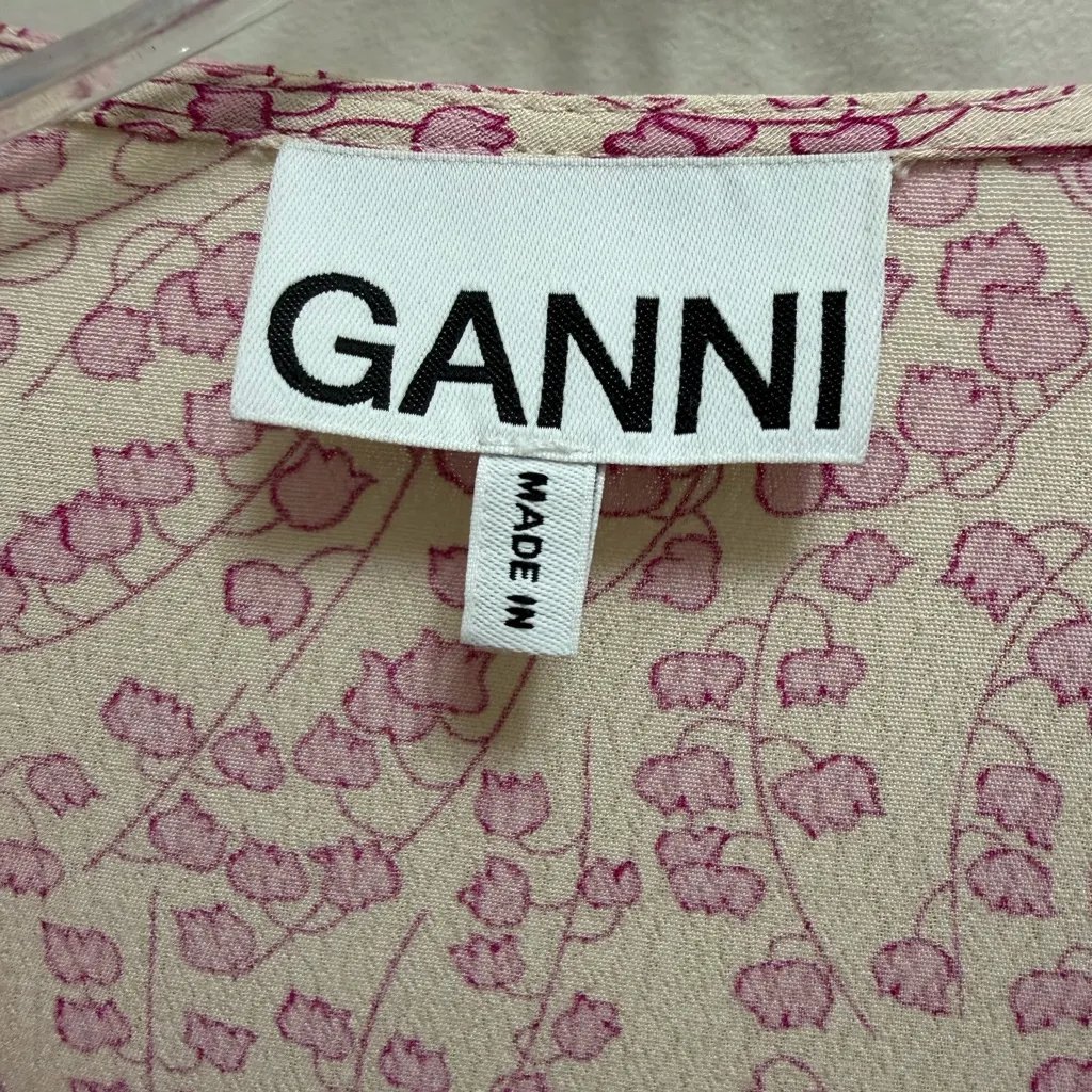 Ganni Wrap Top Floral Balloon Sleeve Pink Size 4 - Image 11