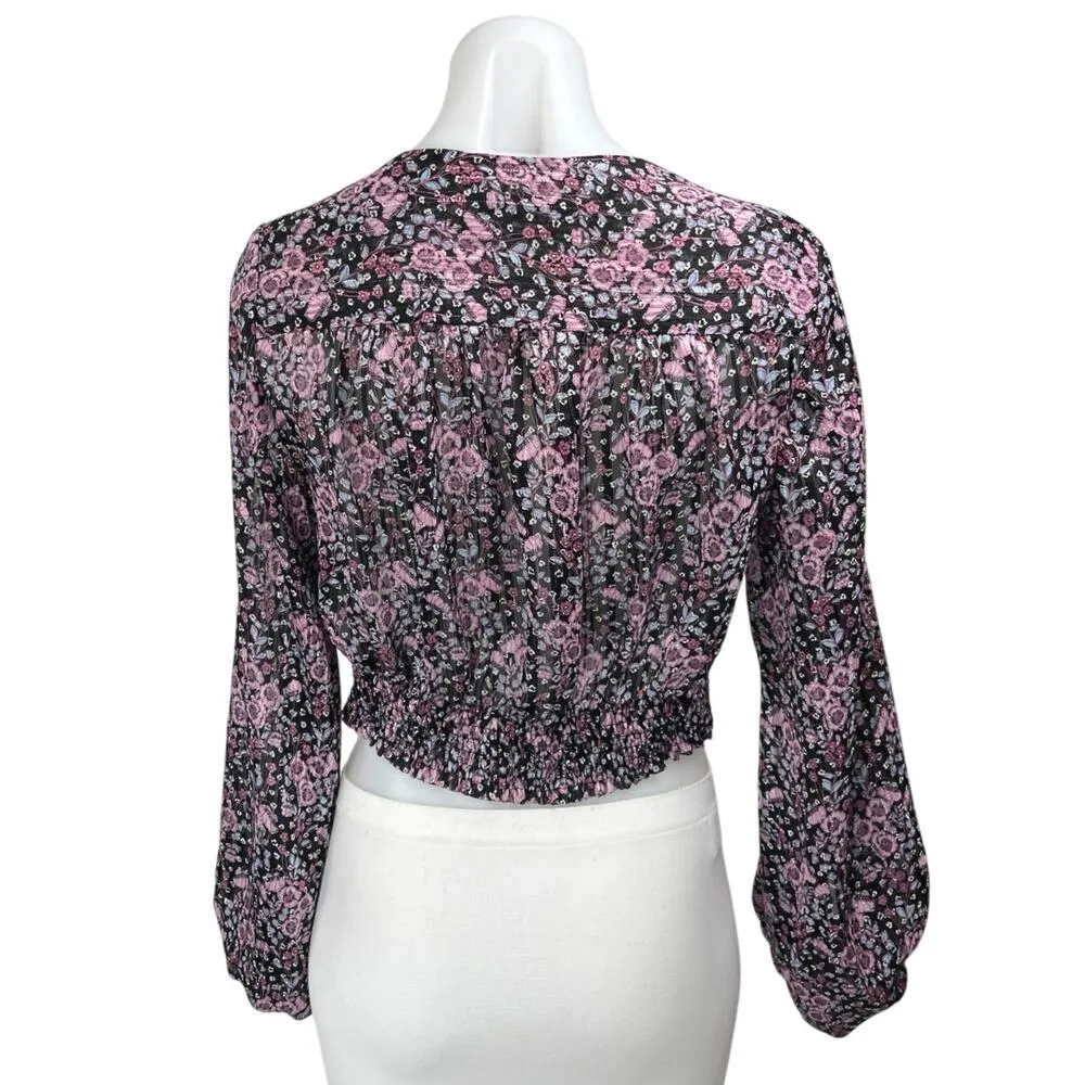 Zara Multicolor Floral Metallic V-neck Balloon Long Sleeve Crop Blouse Top Sz XS - Image 2