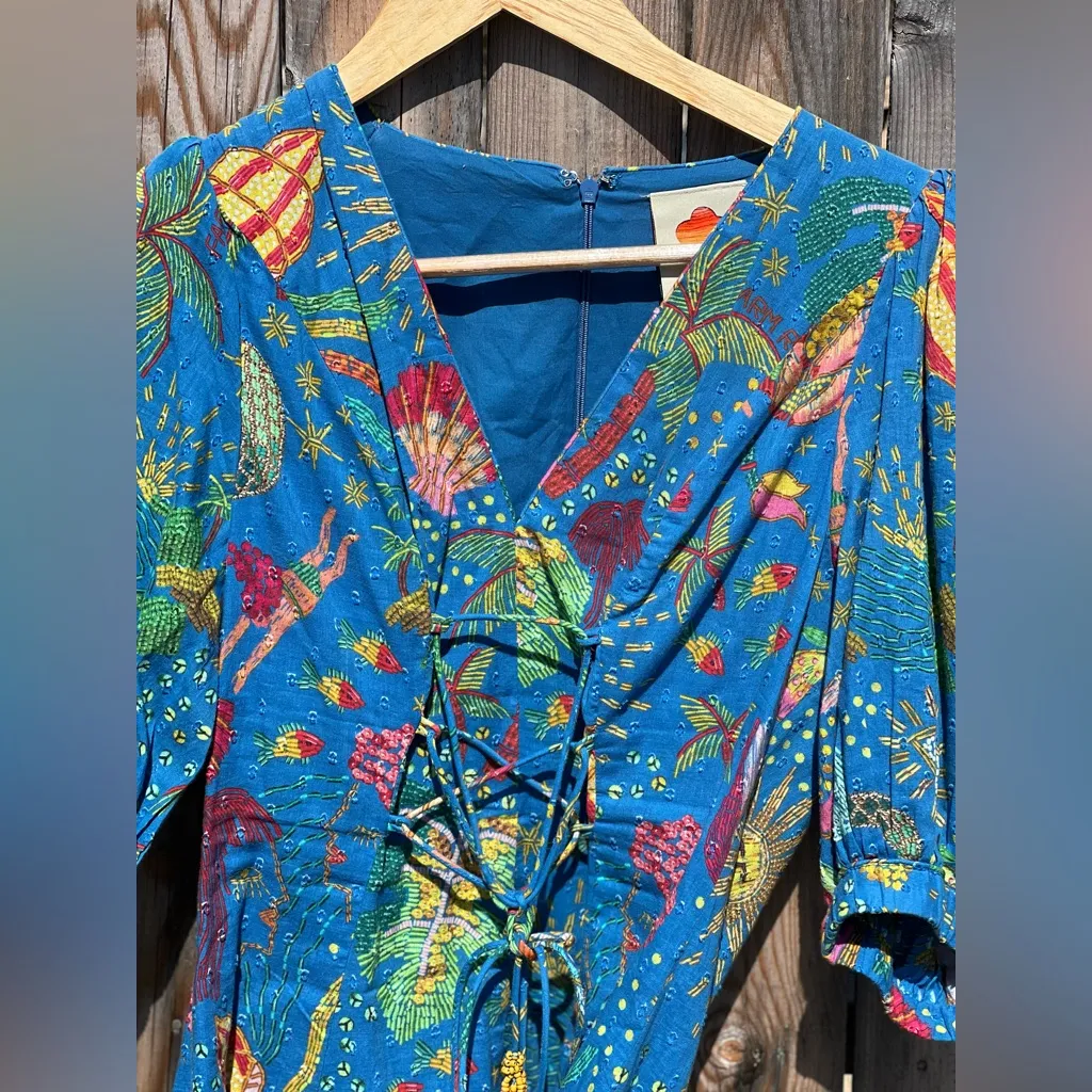 Farm Rio Embellished Lace Up Ocean Stories Printed Swiss Dot Cotton Mini Dress - Image 3