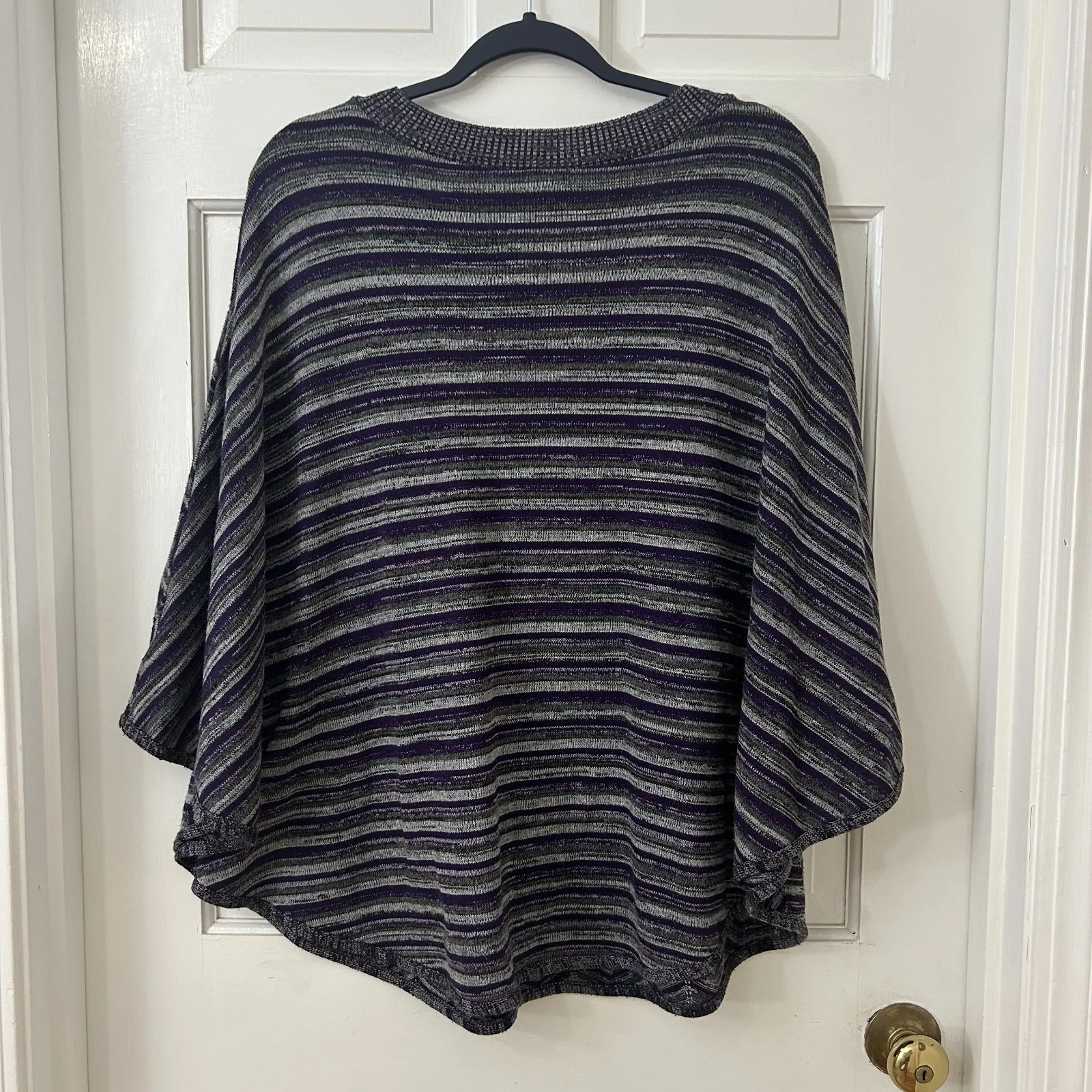 AB Studio Poncho Cape XL Gray Plum Knit Herringbone Boho Crew Neck Oversize - Image 2