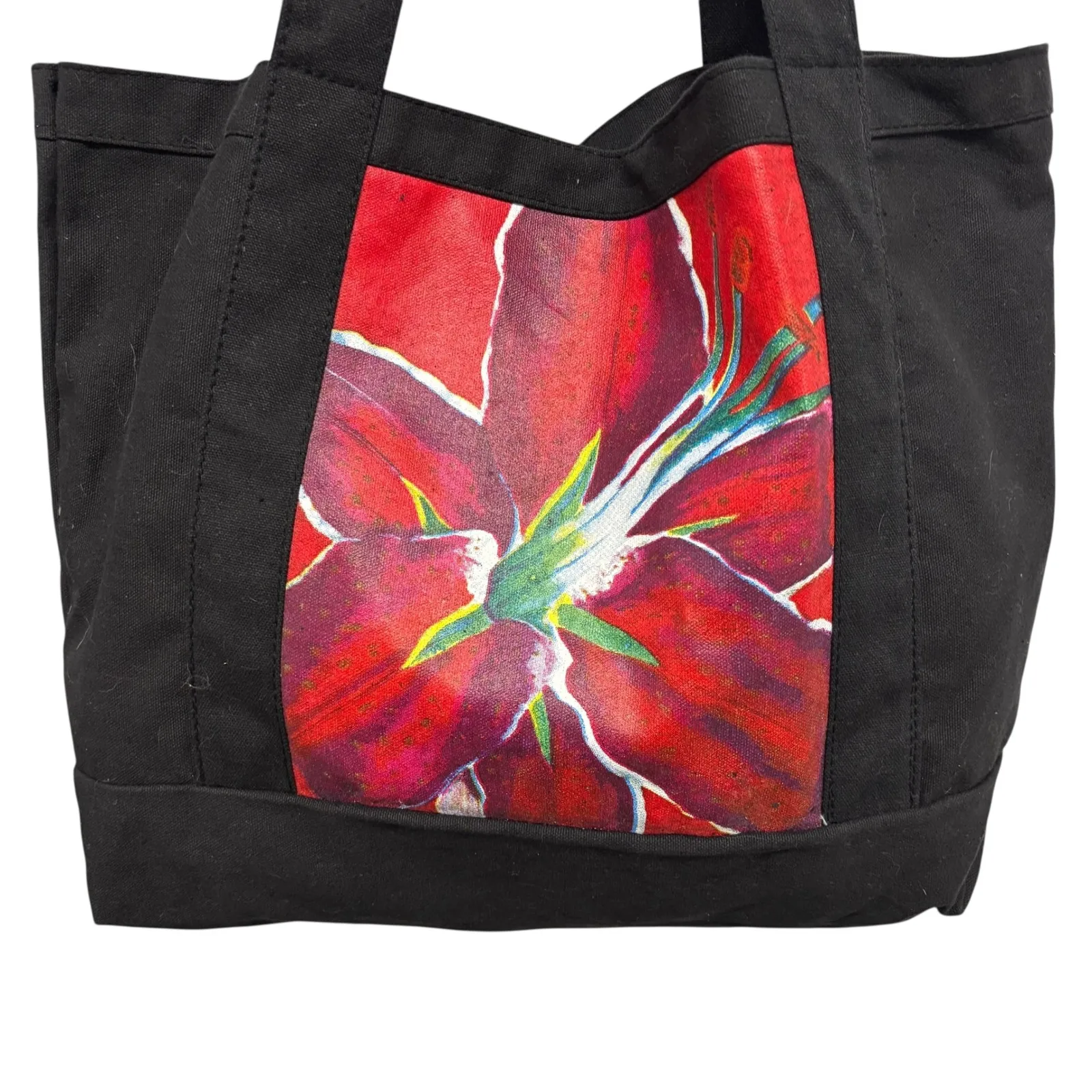 Black Canvas Tote Bag Red Floral Print Large Reusable Shopping Handbag‎ - Image 3