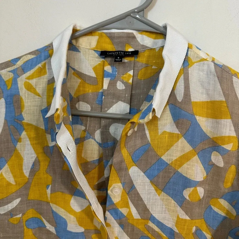 NWOT Lafayette 148 100% linen leaf print button up collared blouse sleeveless - Image 4