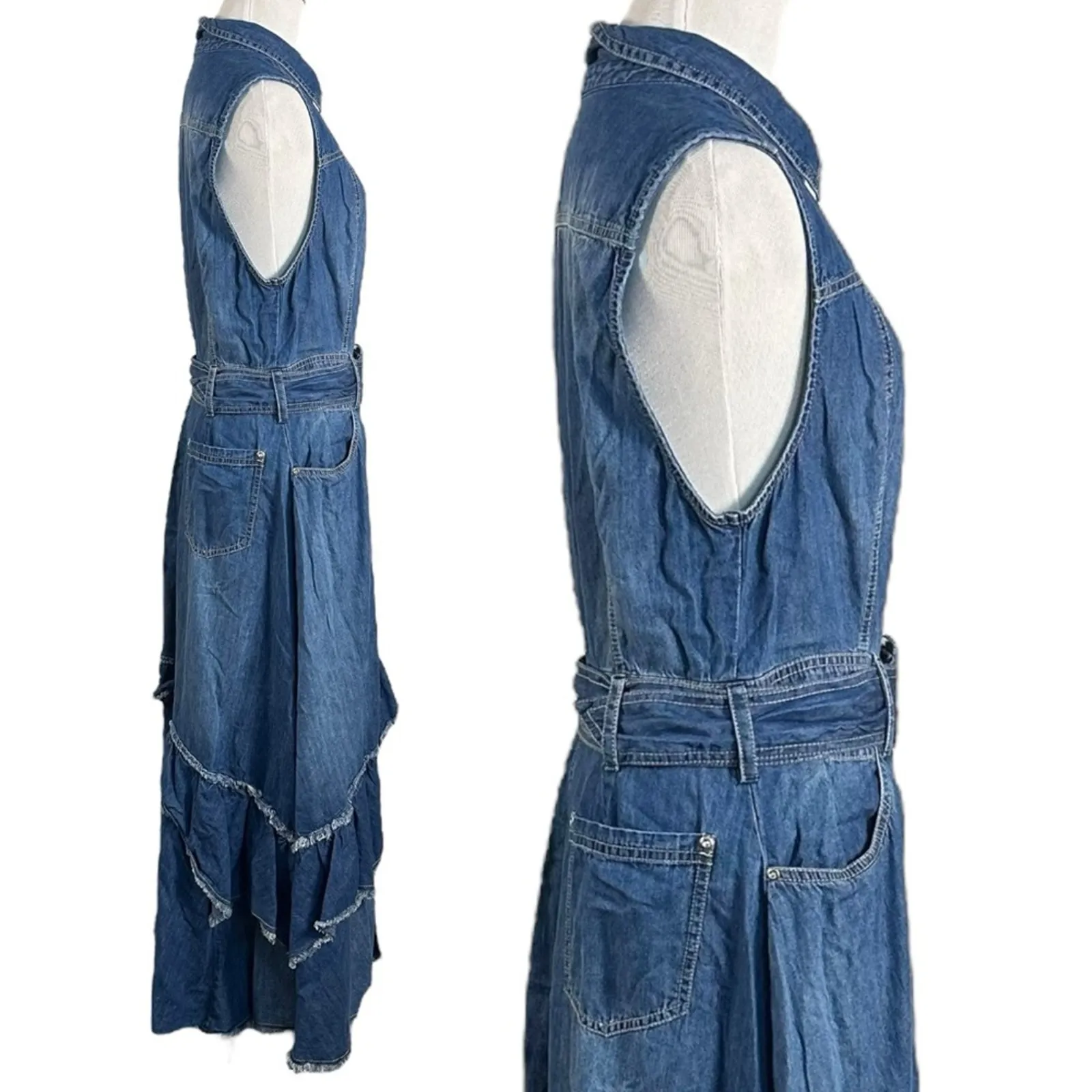 Free People Western Bohemian Ruffle Denim Midi Maxi Dress Medium Belted Cowgirl - Image 8