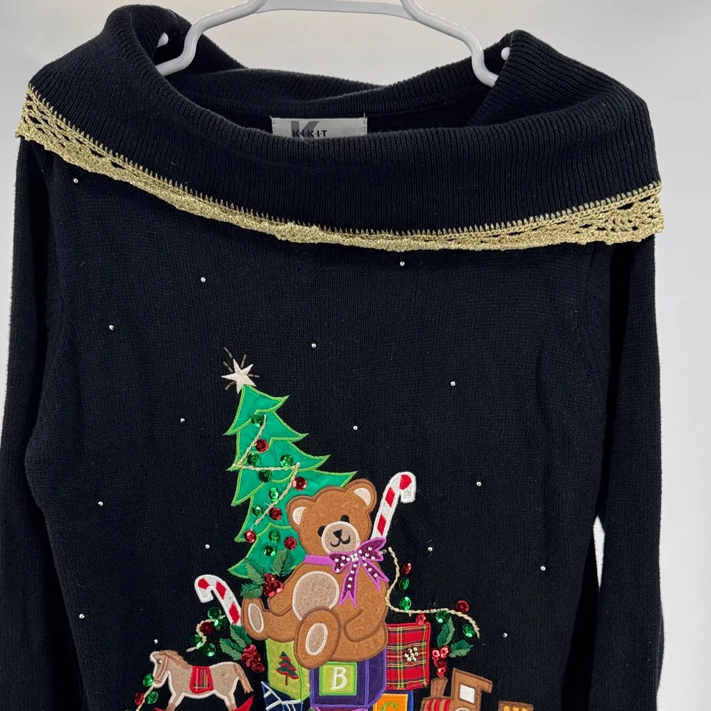 KIKIT Black Sweater with Teddy Bear Christmas Tree Design cowl neck L metallic Size L - Image 3