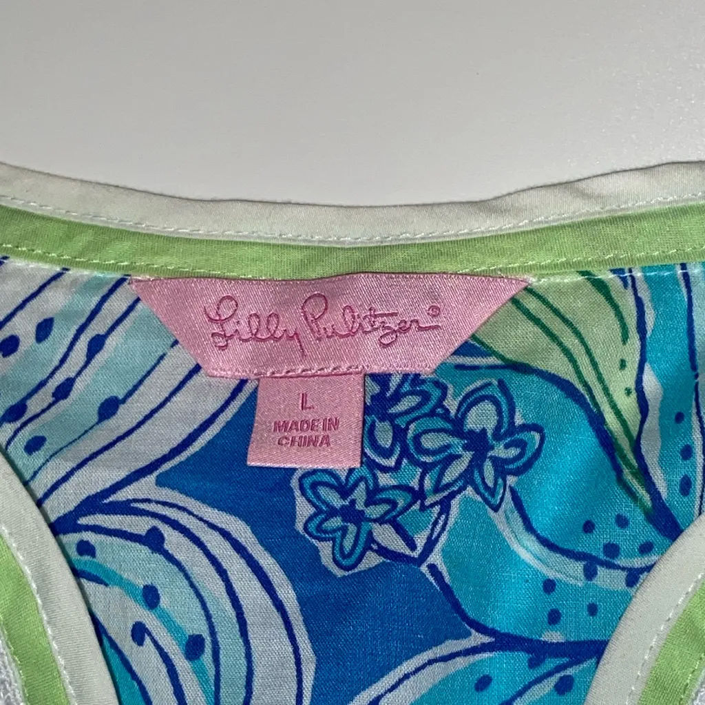 LILLY PULITZER Blue & Green Floral Tunic Caftan House Dress Large V-neck - Image 4