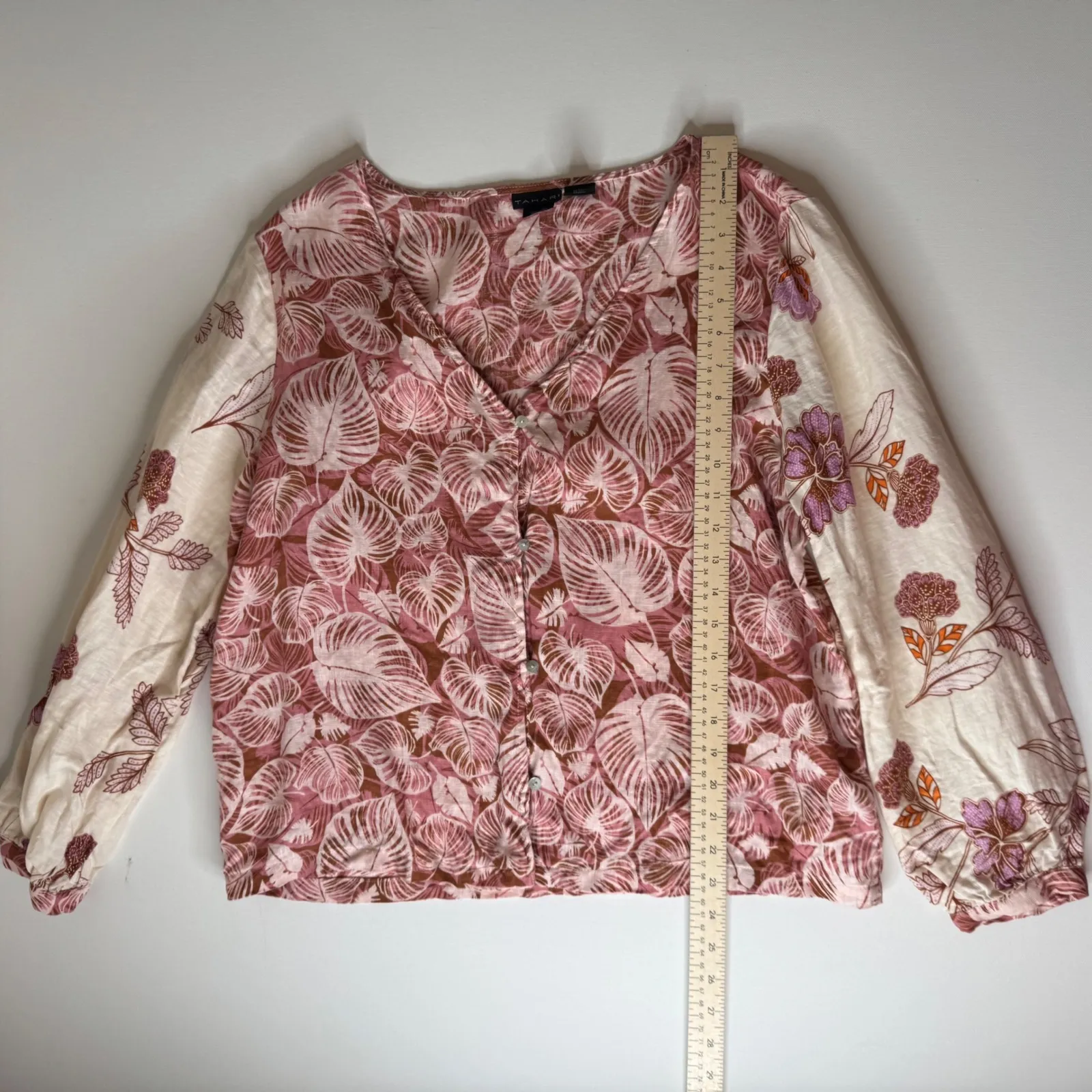 Tahari 100% Linen Floral Blouse Medium Pink Botanical Leaf Boho‎ Cottage Resort - Image 7