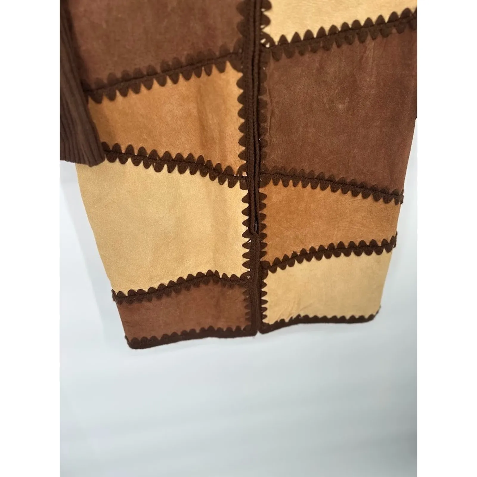 Vintage Y2K Misdemeanor Patchwork Suede Hooded Duster Cardigan Sweater Jacket L Brown Size L - Image 3