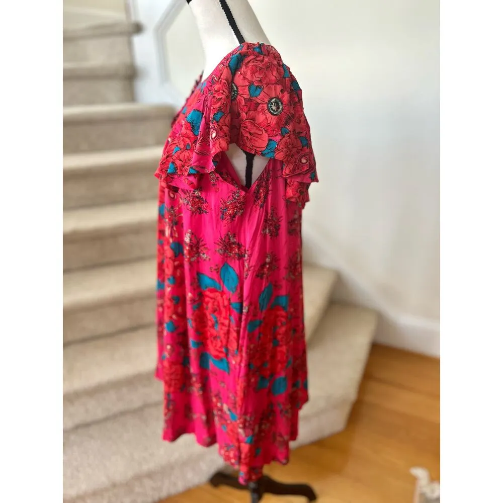 Free People Tara Hot Pink, Red & Blue Floral Flutter Sleeve Mini Swing Dress - Image 4