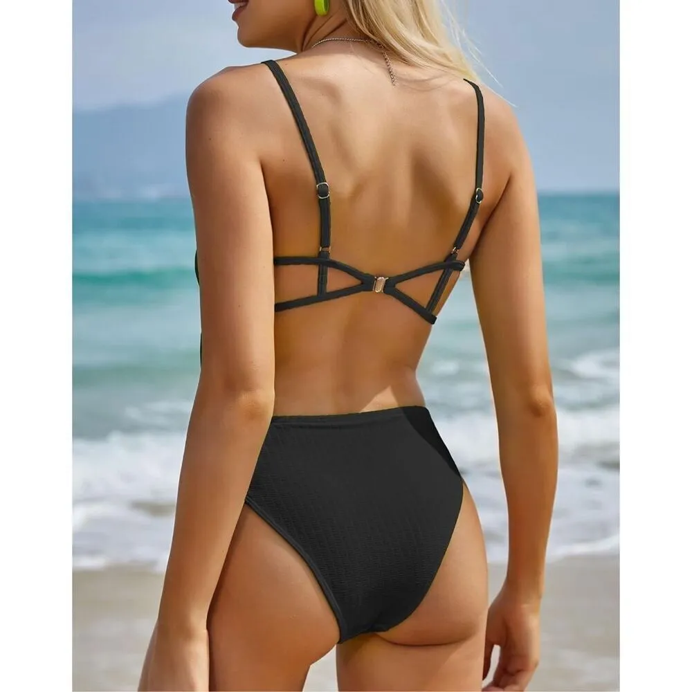 NEW 1 Pc Swimsuit Ribbed Open Back Bathing Suit Tummy Control L - Image 5