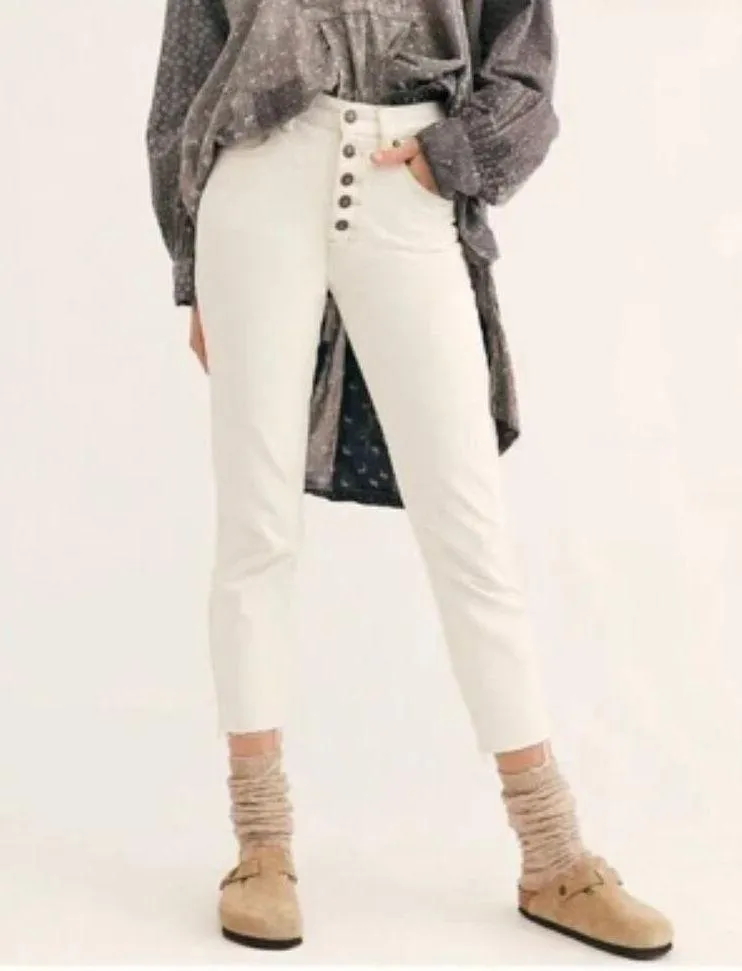 NEW Free People Crop Rigid Button Fly Rigid Raw Hem Slim Ivory White Jeans 27 - Image 10