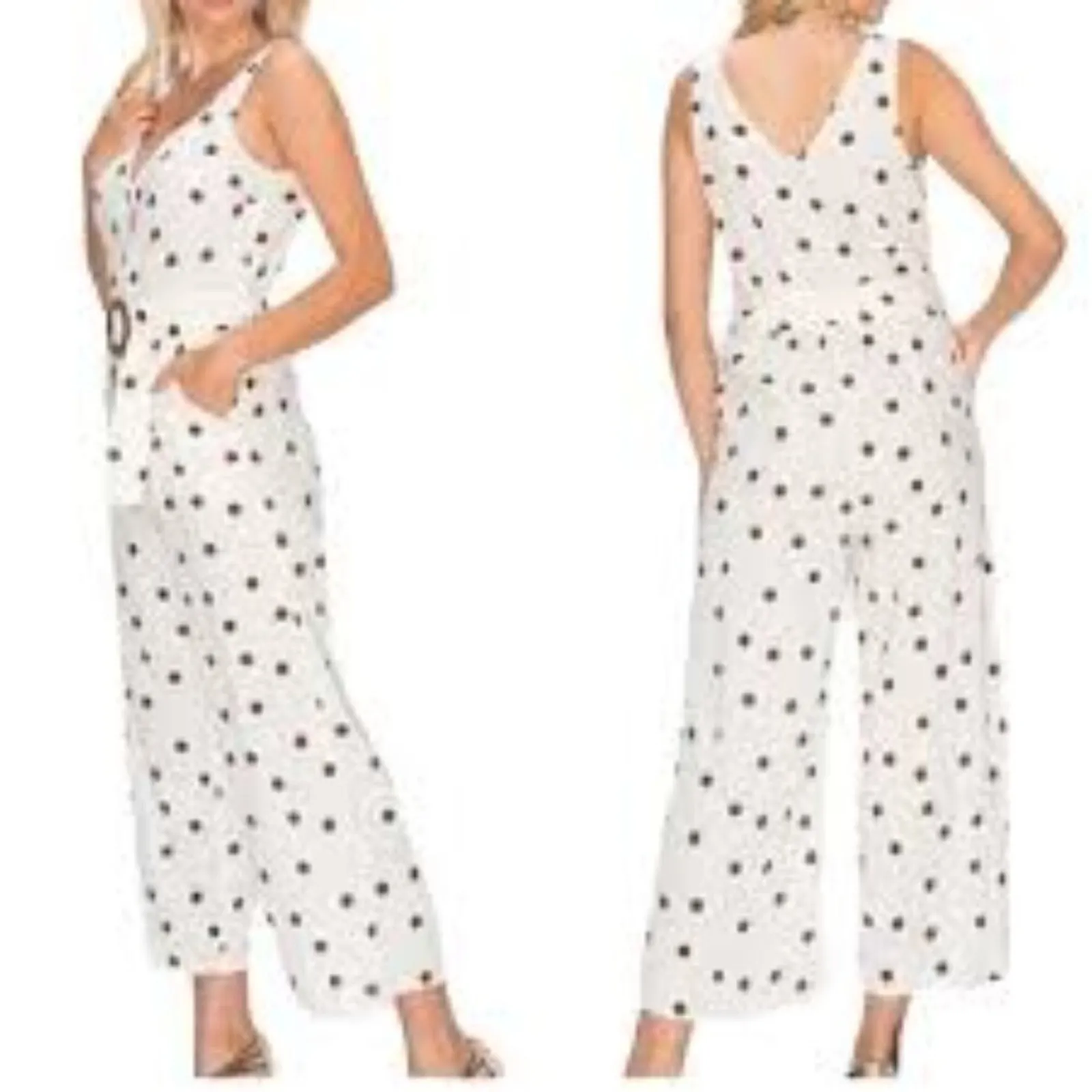 Monteau Juniors Linen Polka Dot Belted Sleeveless Jumpsuit Beach Size Small - Image 2