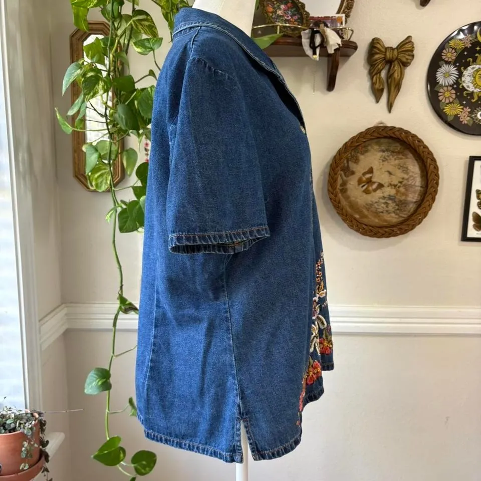 Vtg 90s Scarlet Denim Button Up Floral Embroidered Size 16 Cottage Prairie Retro - Image 5