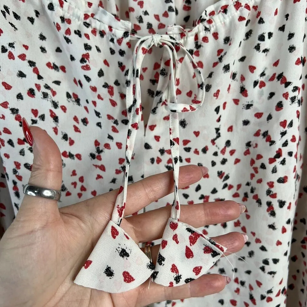 Max Studio Size L Blouse Heart Polka Dot Keyhole Tie Front Smocked Long Sleeve - Image 4