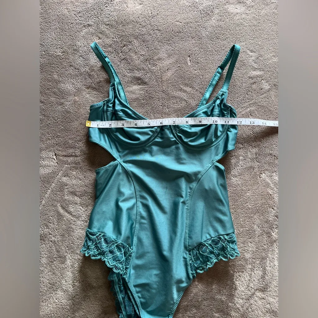 OUT FROM UNDER Teal Burlesque One Piece Tank Top Bodysuit Silky Lace Sz S EUC - Image 7