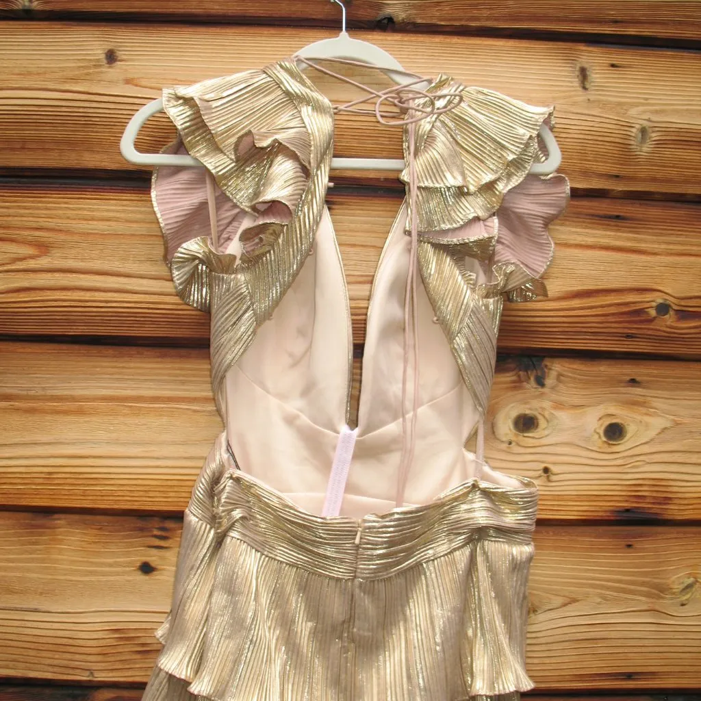 Mac Duggal 26740 Gold Ruffle Tiered Criss Cross Lace Up Gown Dress - Image 13