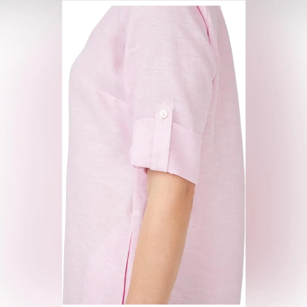 Foxcroft Women's Plus Size 14 Pink Linen Shirt Dress 3/4 Sleeve V-Neck - Image 3