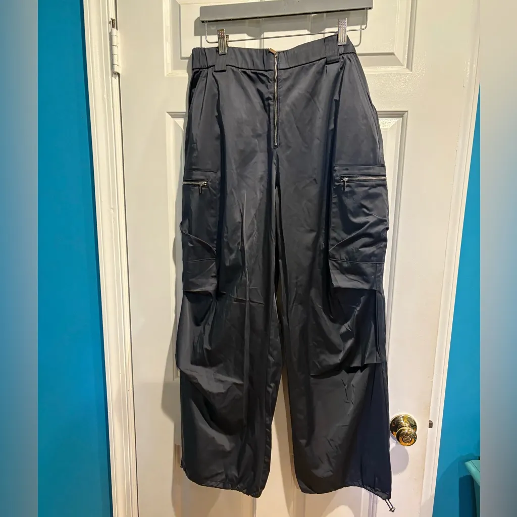 Zara cargo pockets satin joggers pants sz L slate gray new with tags - Image 2