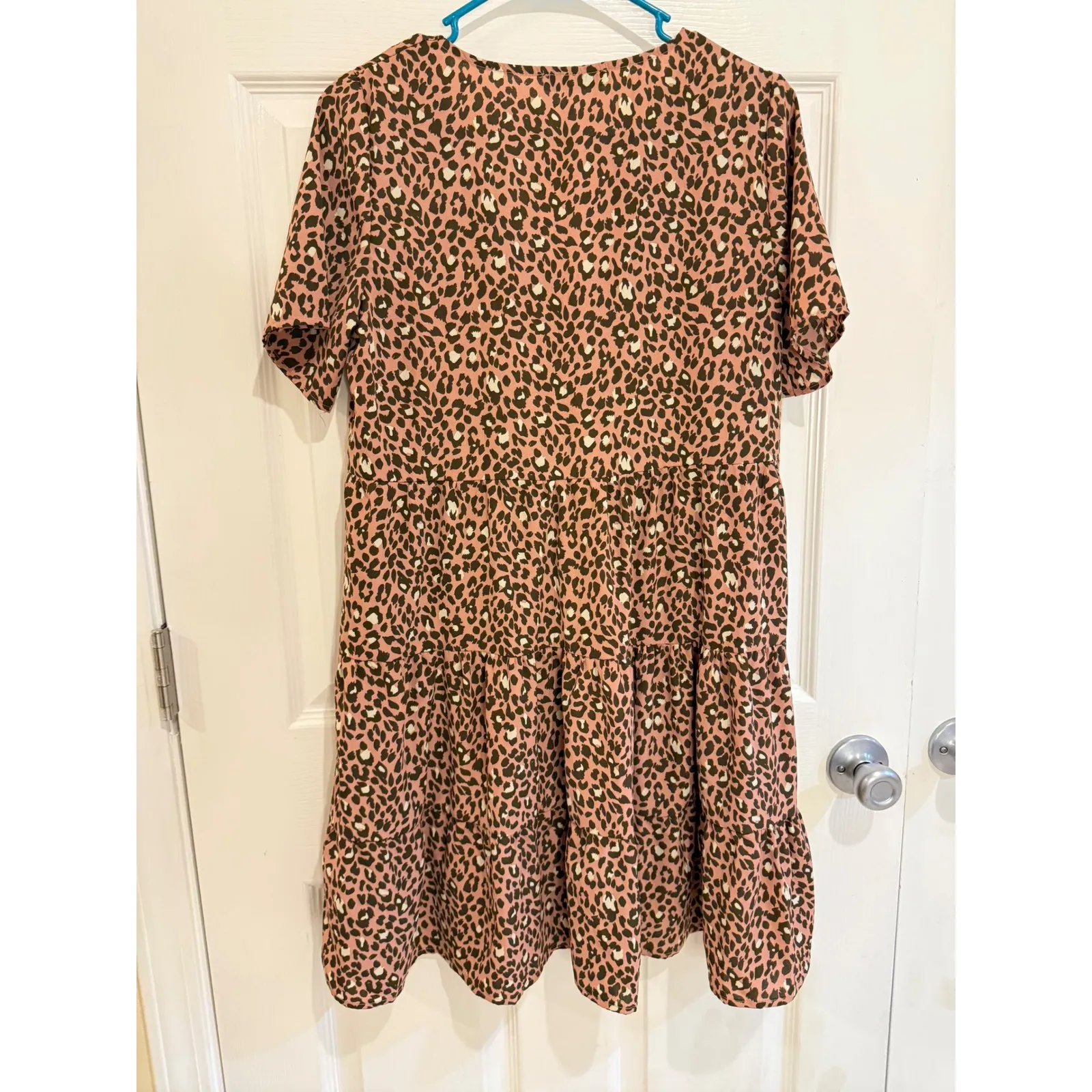 HTFBM Leopard Print Mini‎ Dress Short Sleeve Tiered Casual Pink Size S - Image 5