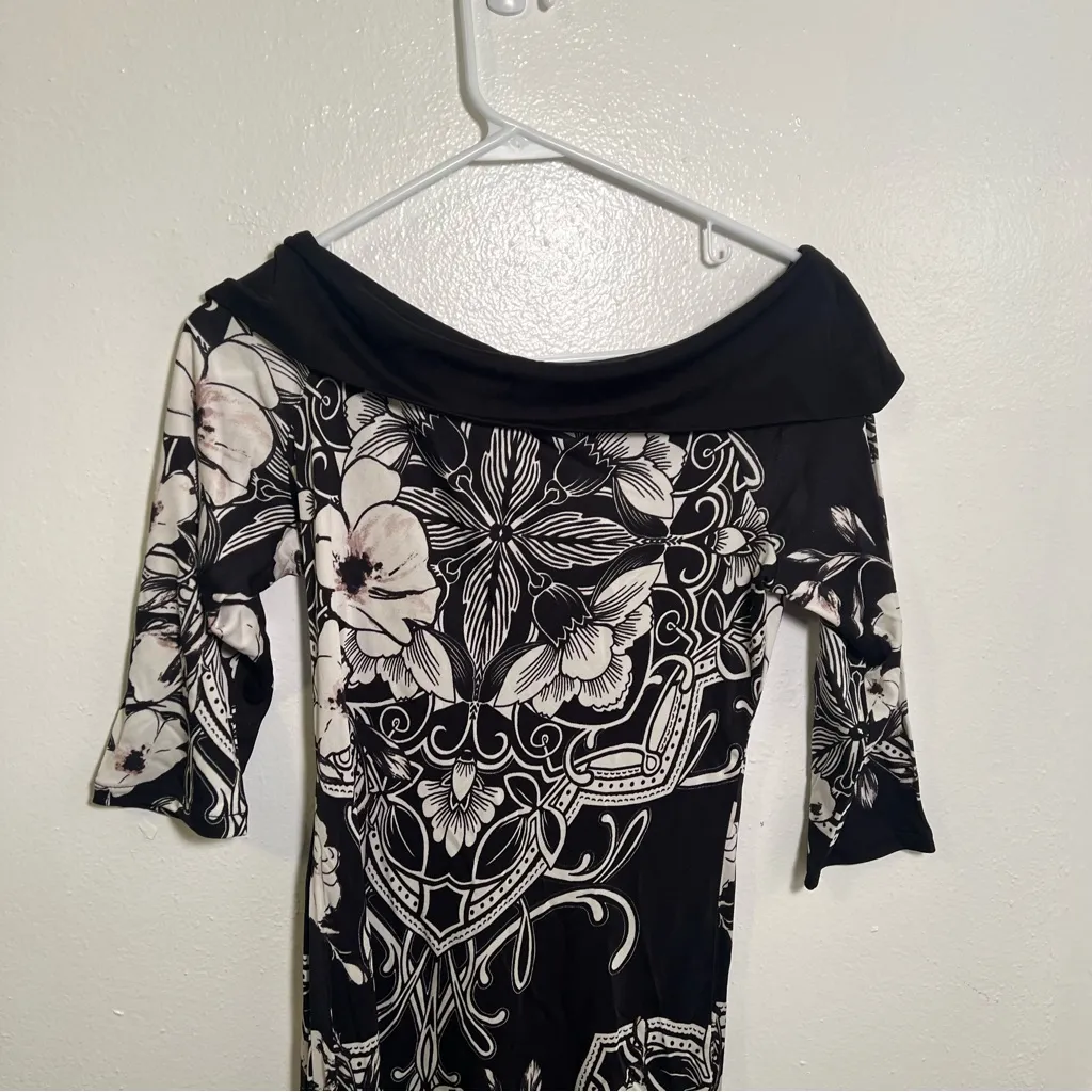 White House Black Market Off Shoulder Mini Tunic Dress Black Floral S - Image 6
