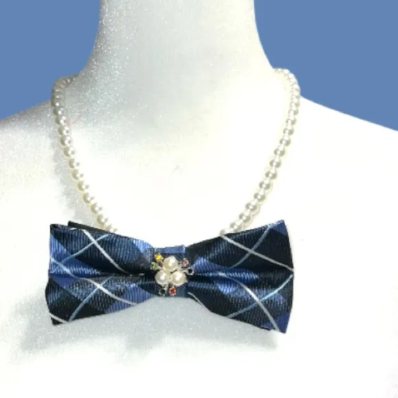 “Dainty Dapper” Blue Plaid BowTie Necklace - Image 2