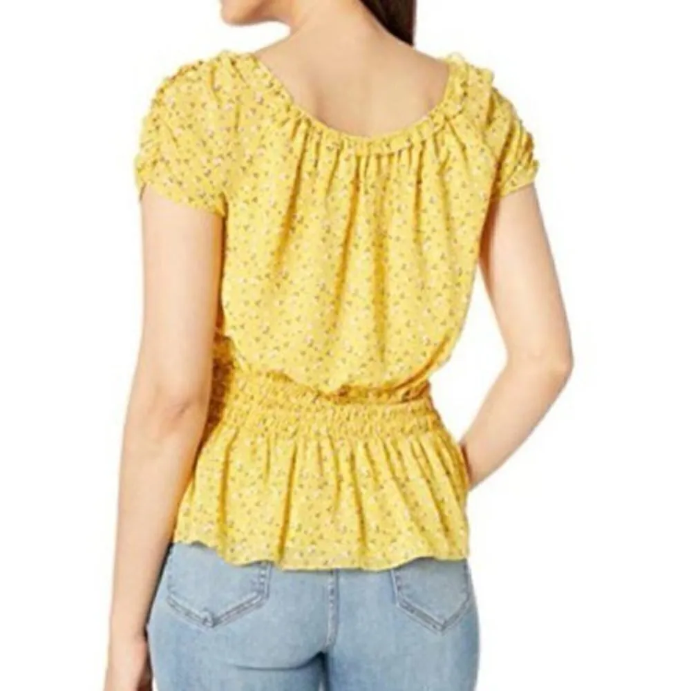 NEW NWT MAX STUDIO Floral Smocked Waist Top Yellow Blue Short Sleeve Cottagecore - Image 4