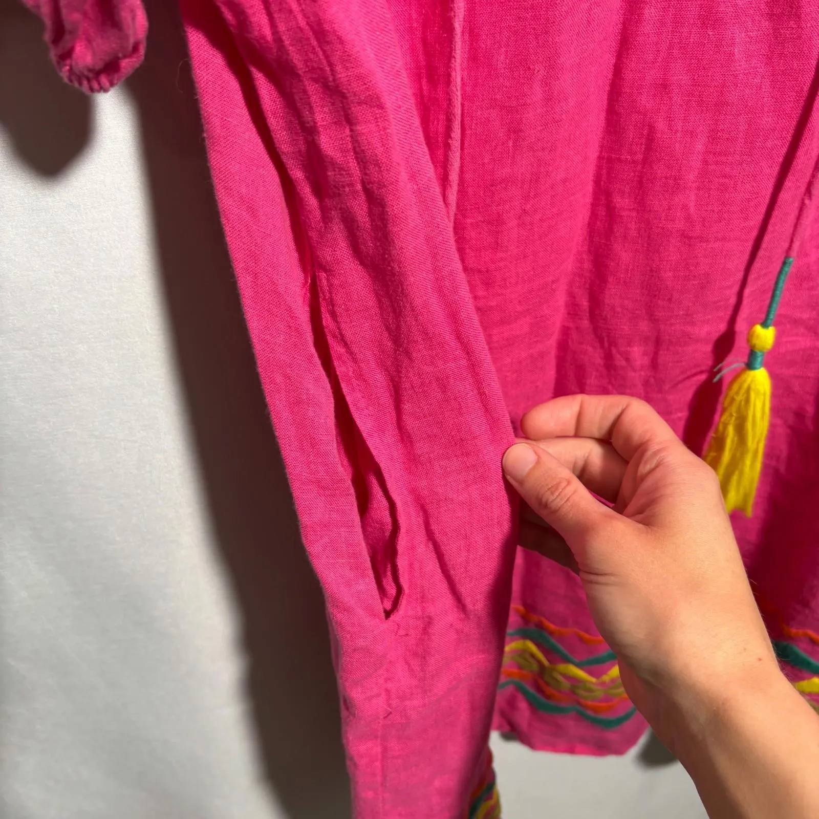 Anthropologie Uncle Frank Hot Pink 100% Linen Dopamine Dress Boho Puff Sleeves M - Image 5