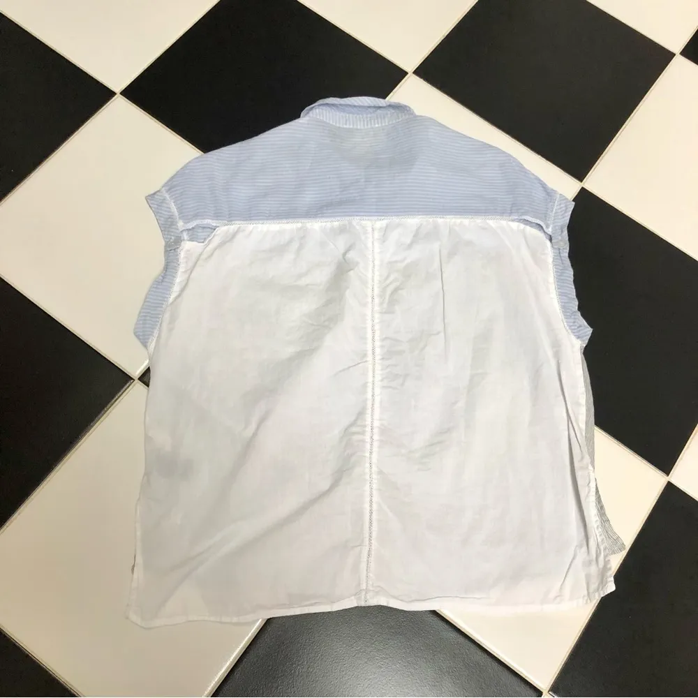 Sita Murt Blue Camp Top Tie Collar Top Soft Cotton Short Sleeve Retro Striped M - Image 9