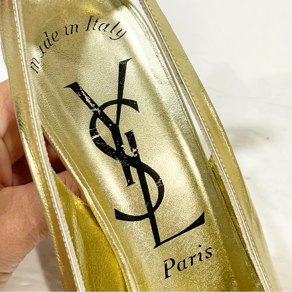 YSL Yves St Laurent Size 8.5 Metallic Gold Peep Toe Sling Bow Back Pump Heels - Image 6