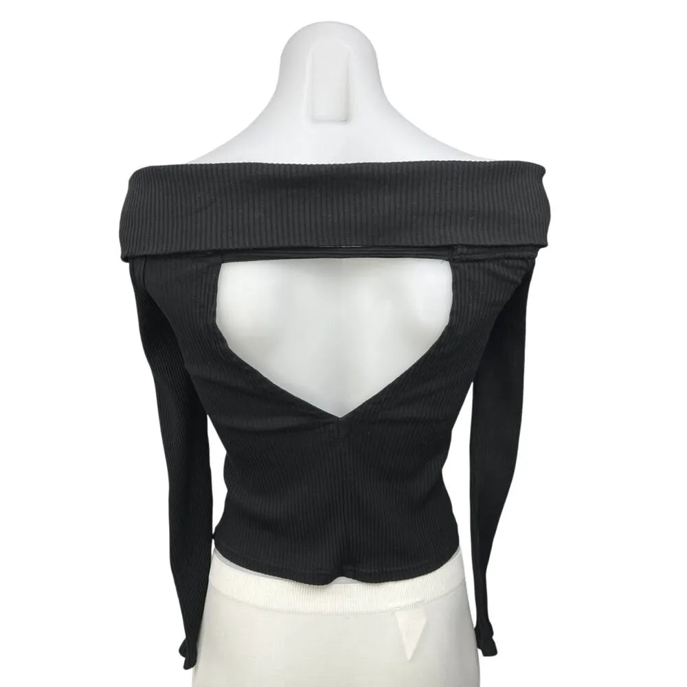Emory Park Black Off Shoulder Open Cutout Back Ribbed Knit Crop Sweater Top L - Image 2