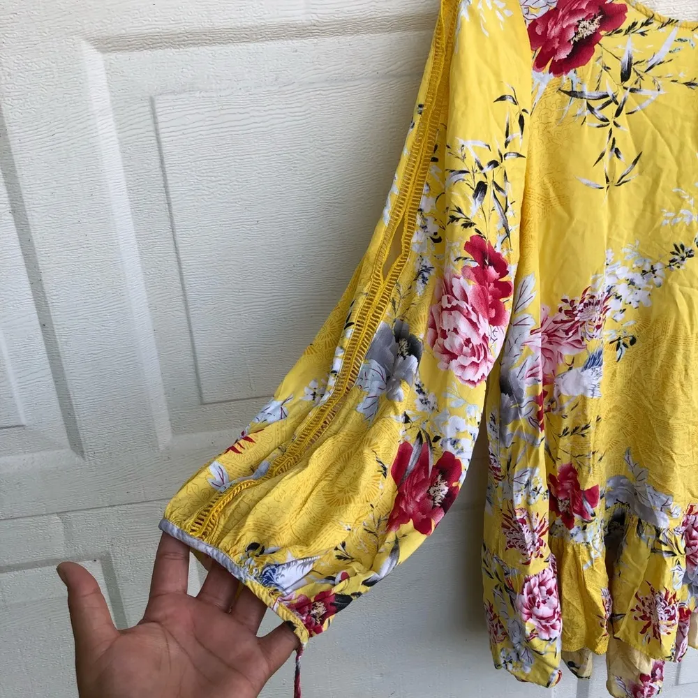 Jaase Women’s Shirt Tunic Yellow Floral Swan Ladder Lace Boho Medium - Image 6